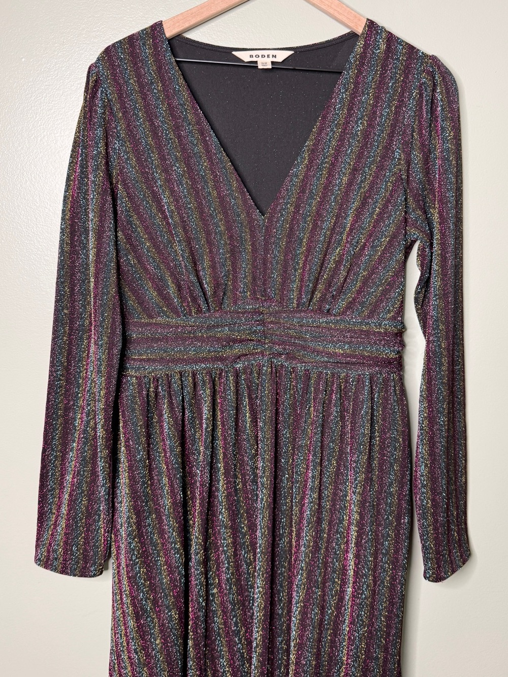 Boden Shimmer Glitter Long Sleeve Stripe Midi Dress Red‎ Black Green Size 8 - Picture 7 of 12